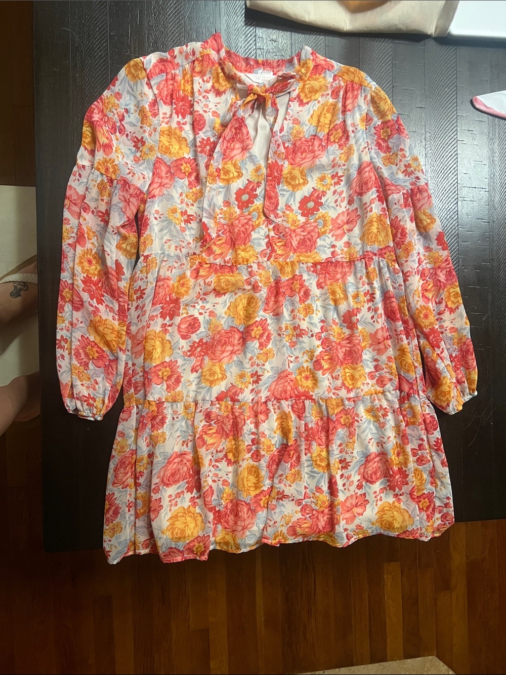 LC Lauren Conrad Floral Tie-Neck Tiered Dress in Pink & Yellow, beautiful dress